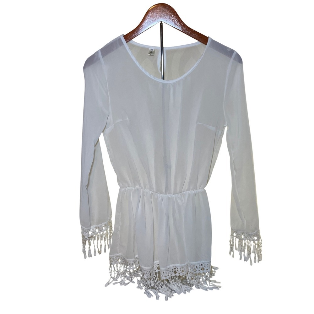 Ealey Fushi Crochet Lace Fringe Women's M Blouse White Boho Romantic Chiffon